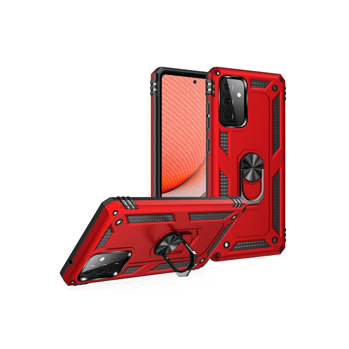 Halka tutuculu ve kamera açıklıklı iki kırmızı telefon kılıfı.