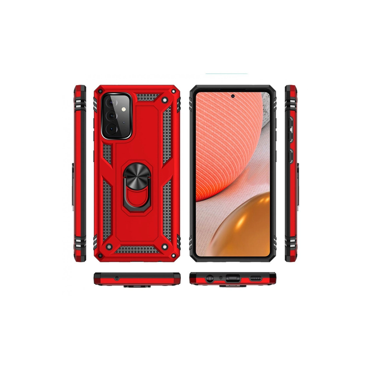 Halkalı kırmızı telefon kılıfı ve akıllı telefon ön görünümü, çeşitli açılar.