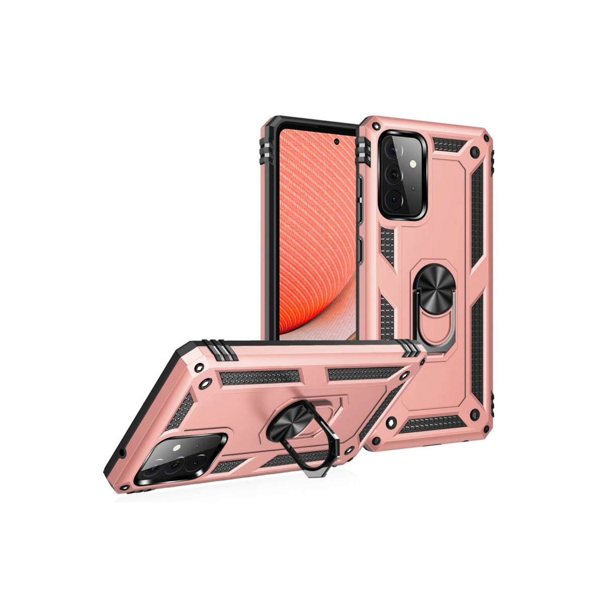 Halka tutuculu iki adet rose gold telefon kılıfı, beyaz arka plan.