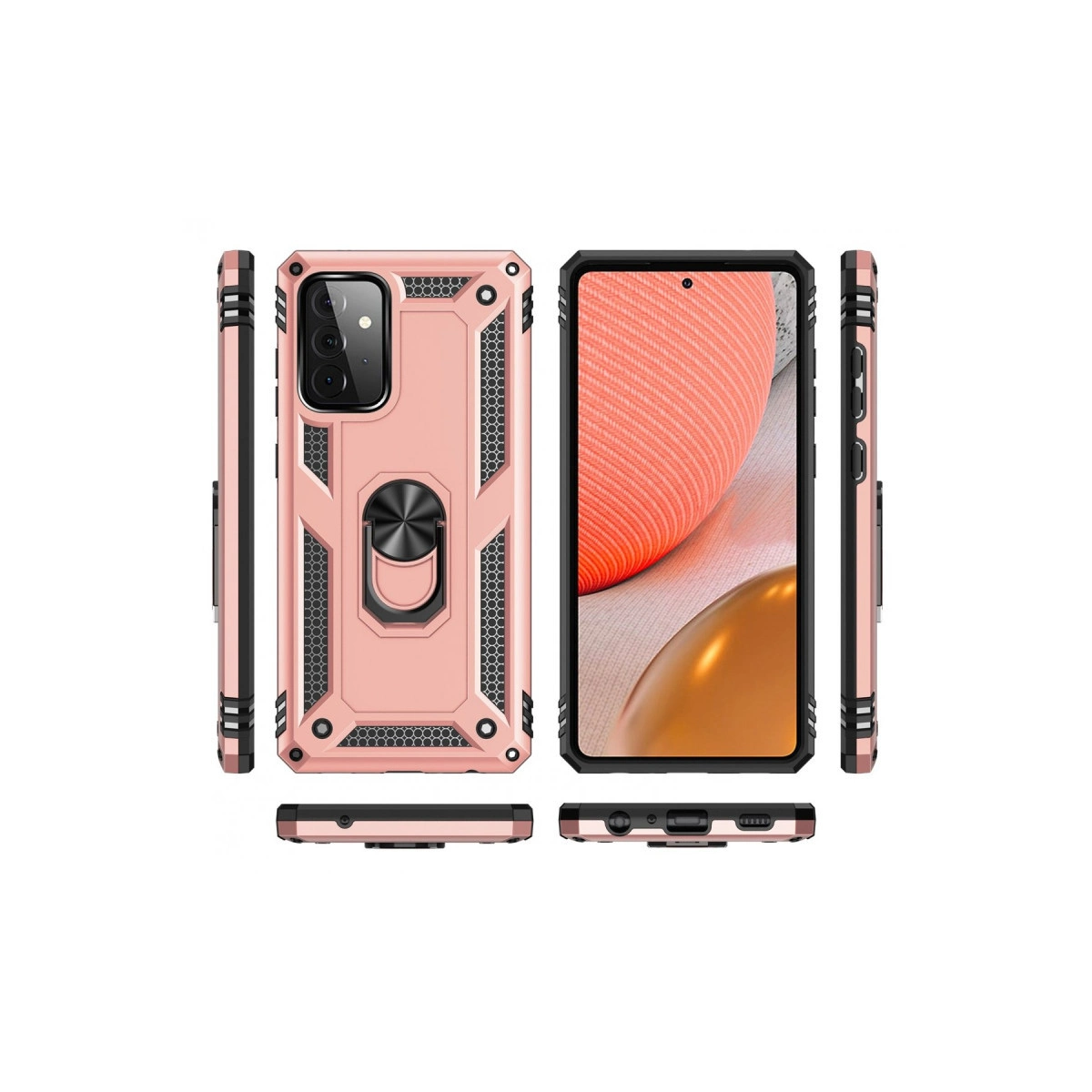 Halka tutuculu pembe telefon kılıfı ve akıllı telefon ekranı, çoklu görünümler.