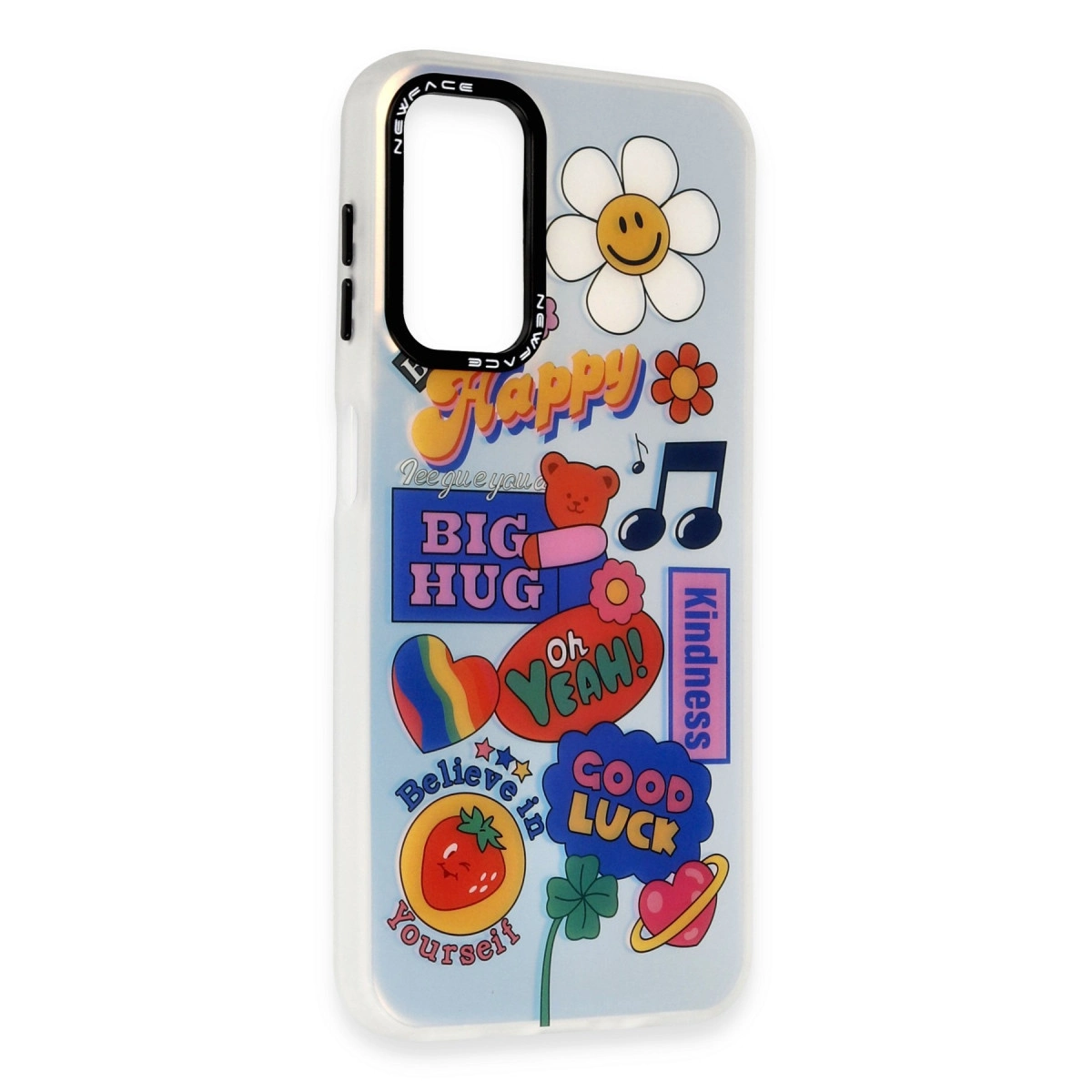 Çıkartmalı telefon kılıfı: çiçek, ayıcık, kalp, çilek, müzik notaları.