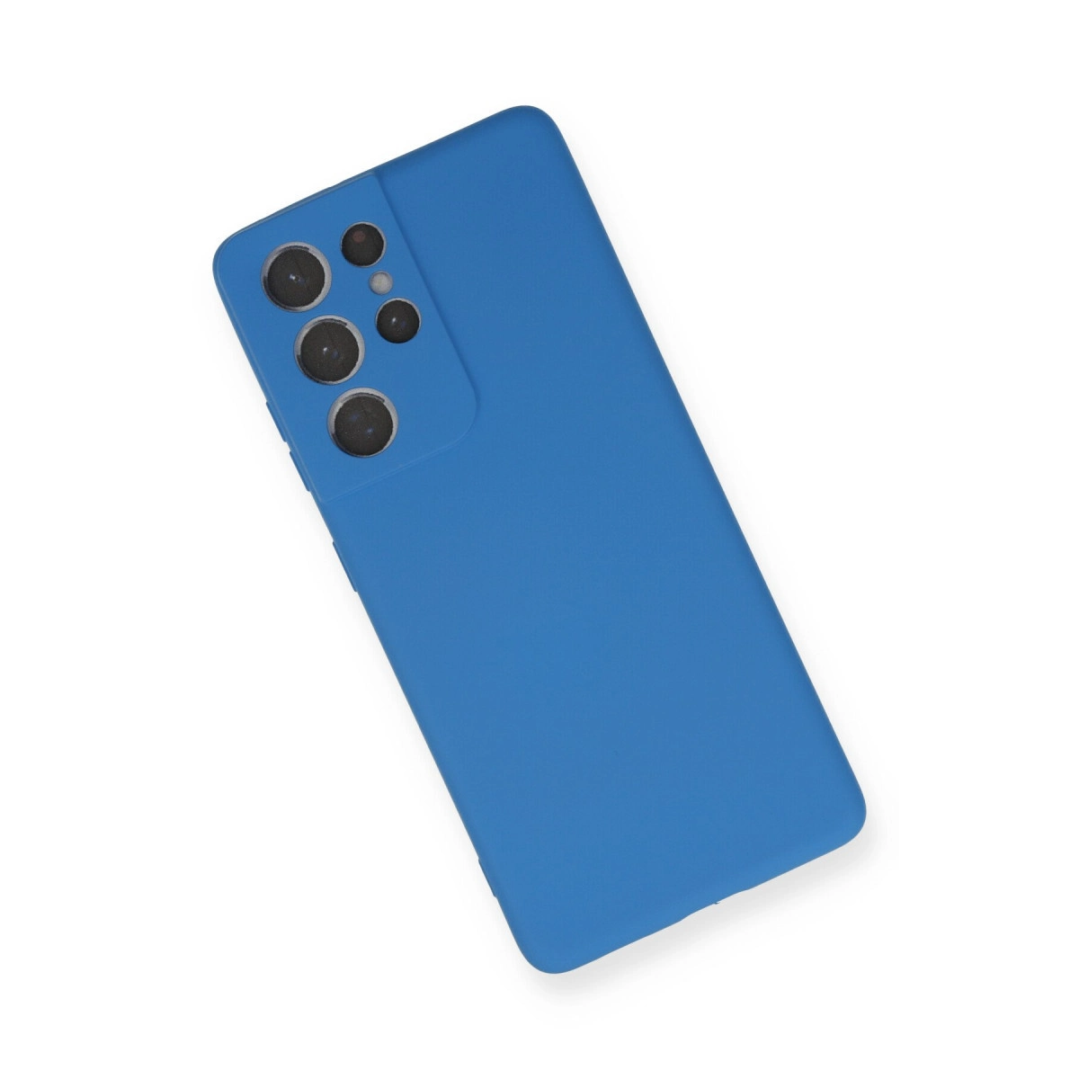 Arkada kamera modülü olan mavi bir telefon kılıfı.