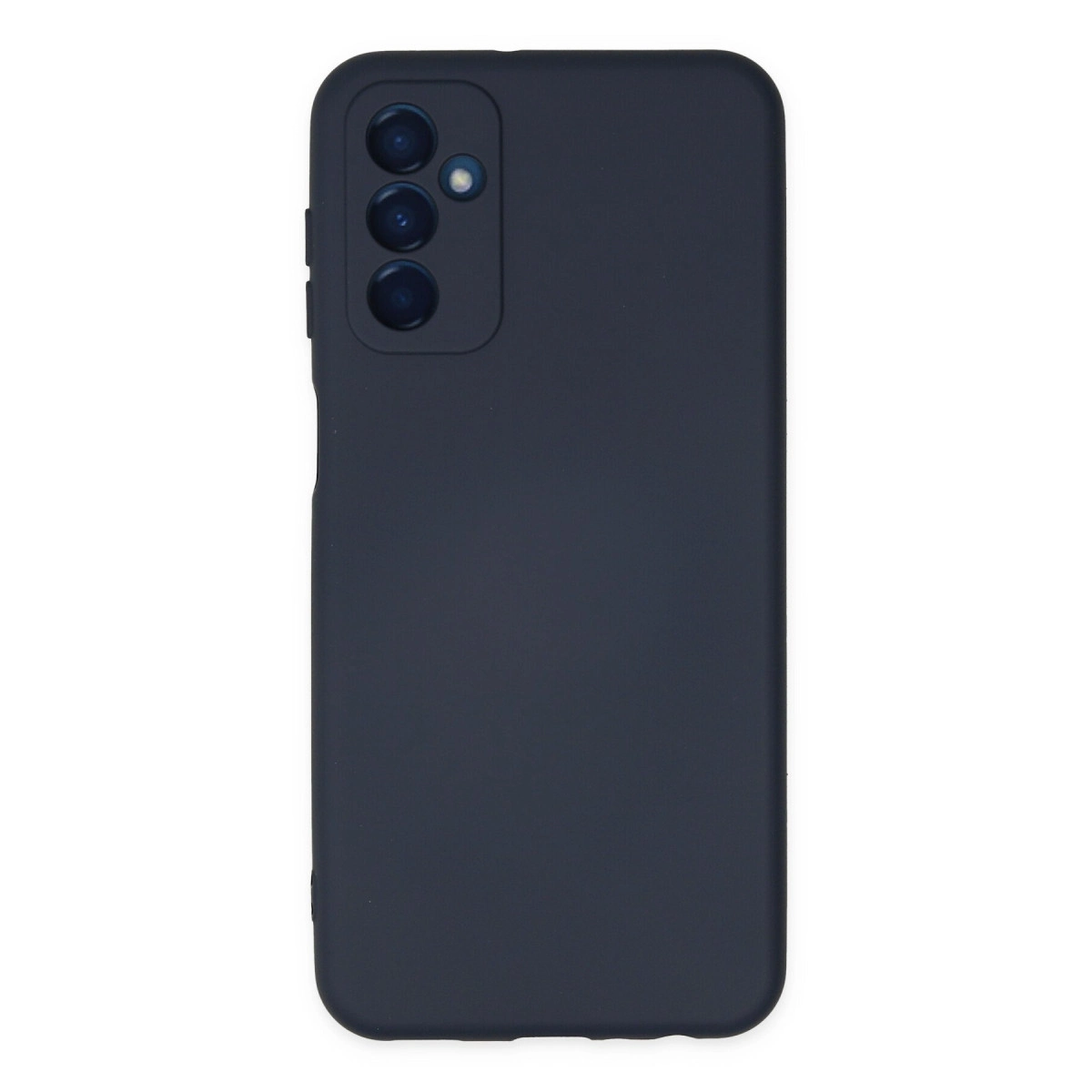 Üç kamera lensi ve flaşlı koyu mavi telefon kılıfı.