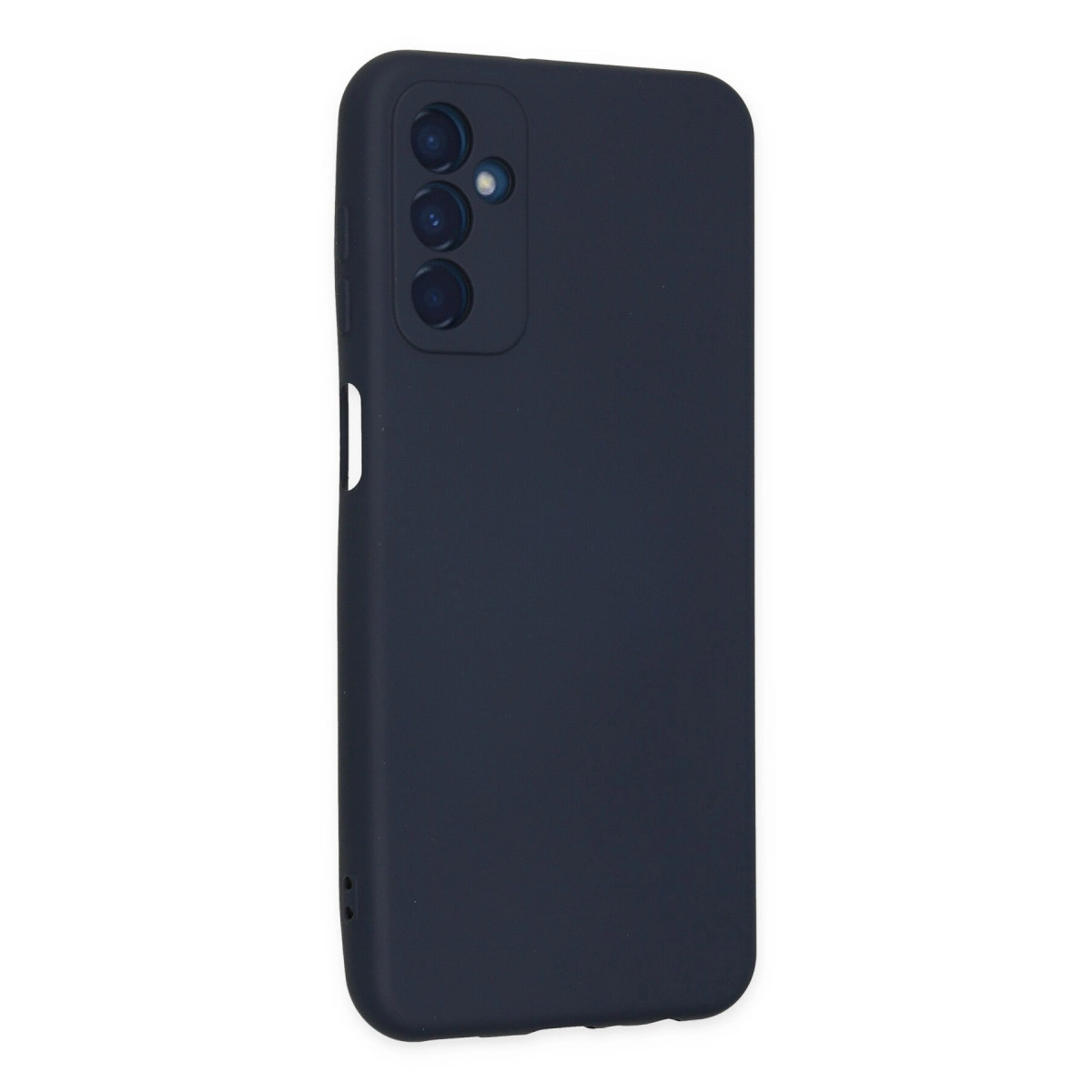 Üçlü kamera kesimli lacivert telefon kılıfı, beyaz üzerinde izole edilmiş.