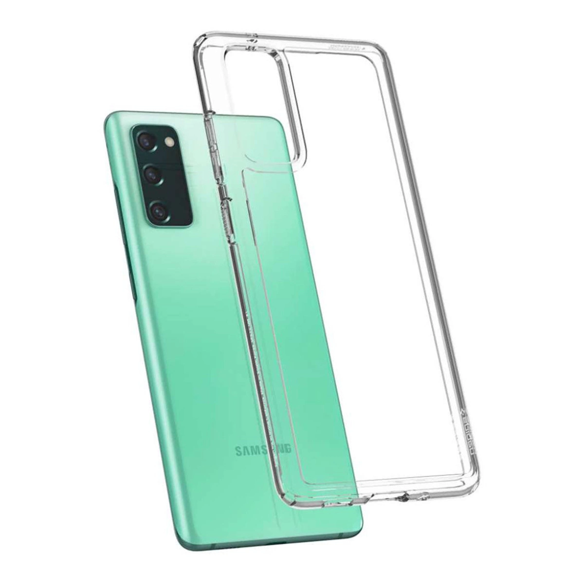 Turkuaz bir akıllı telefonun üzerinde şeffaf telefon kılıfı.