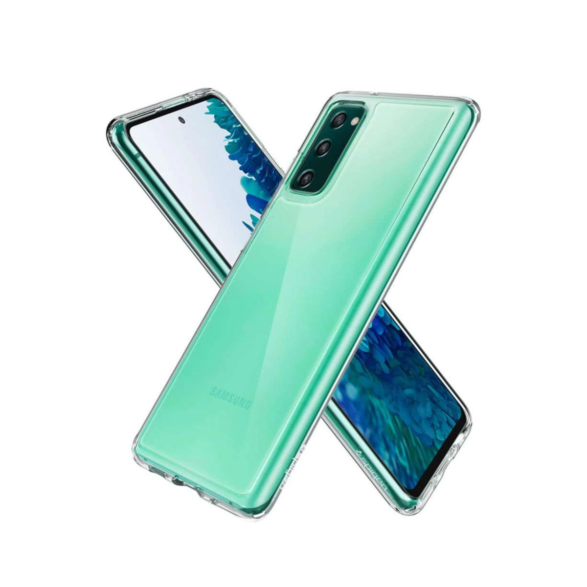 Birbirini kesen turkuaz arka yüzlü iki şeffaf telefon kılıfı.