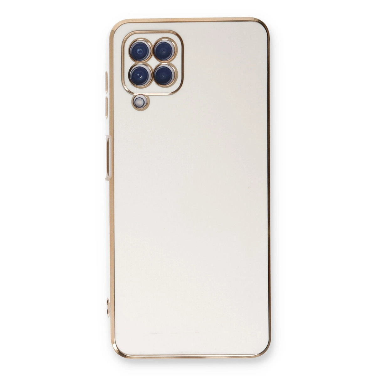 Dört kameralı ve flaşlı beyaz telefon kılıfı, altın kenarlı.