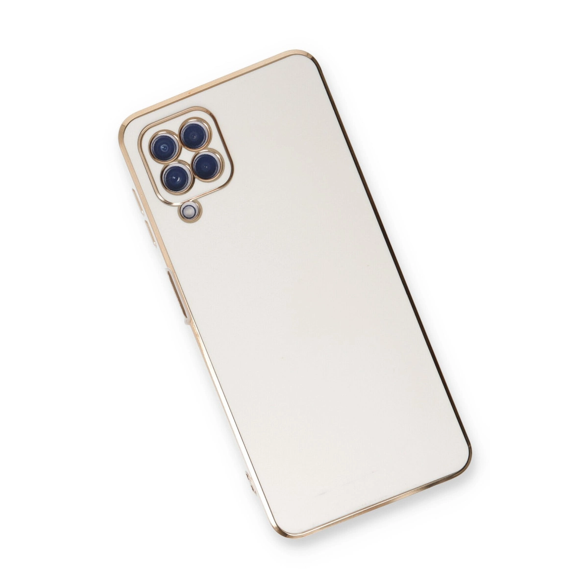 Dört kameralı, altın kenarlı krem rengi telefon kılıfı.