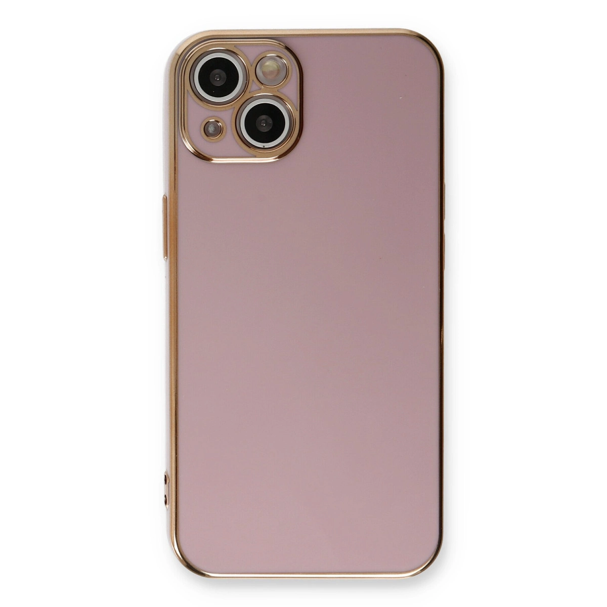 Altın çerçeveli, üç kameralı tozlu pembe bir iPhone.