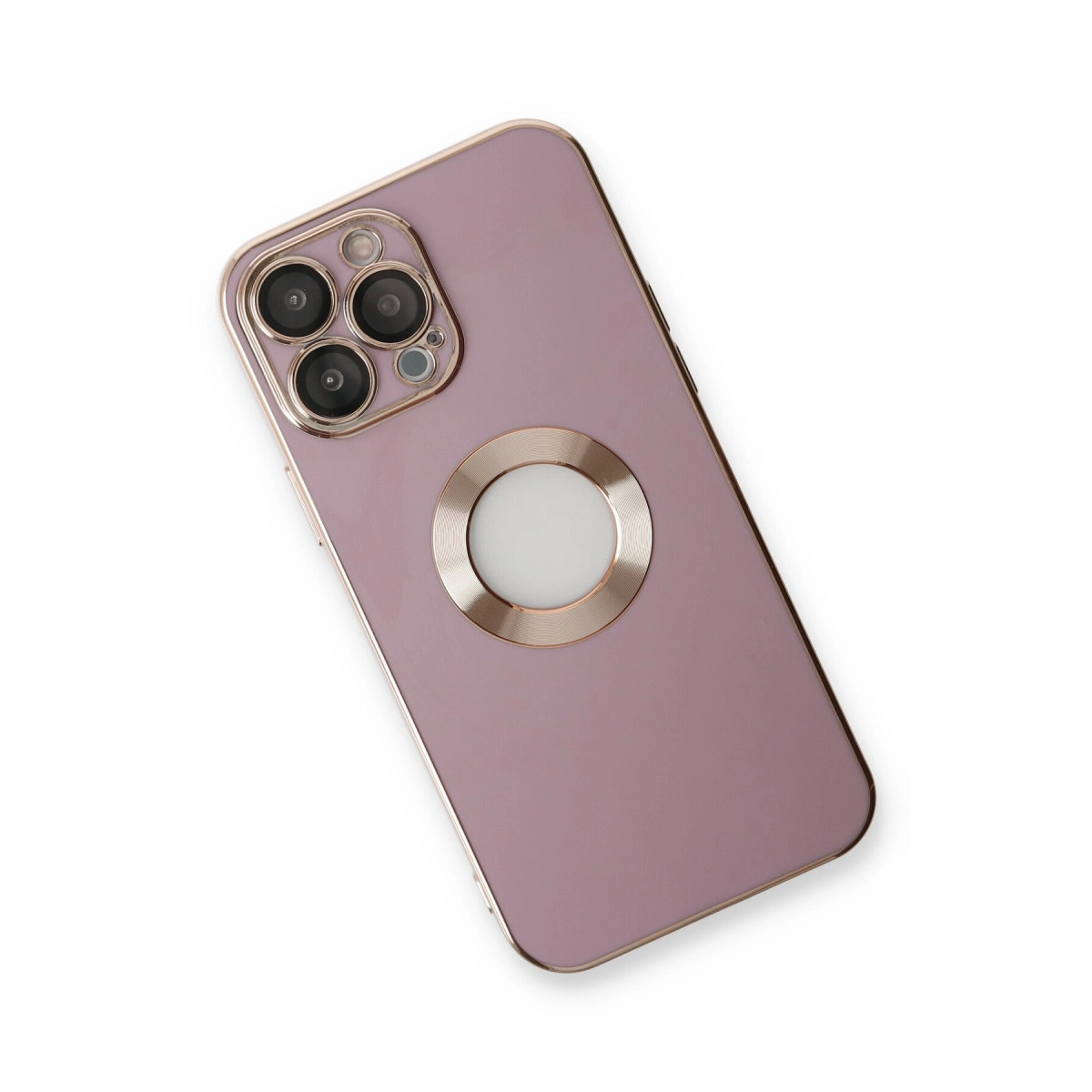 Üç kameralı ve halka tutuculu pembe telefon kılıfı.