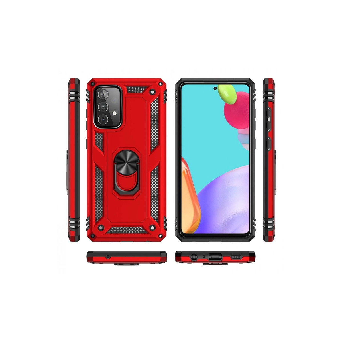 Halka standlı kırmızı telefon kılıfı, ön ve yan görünümler.