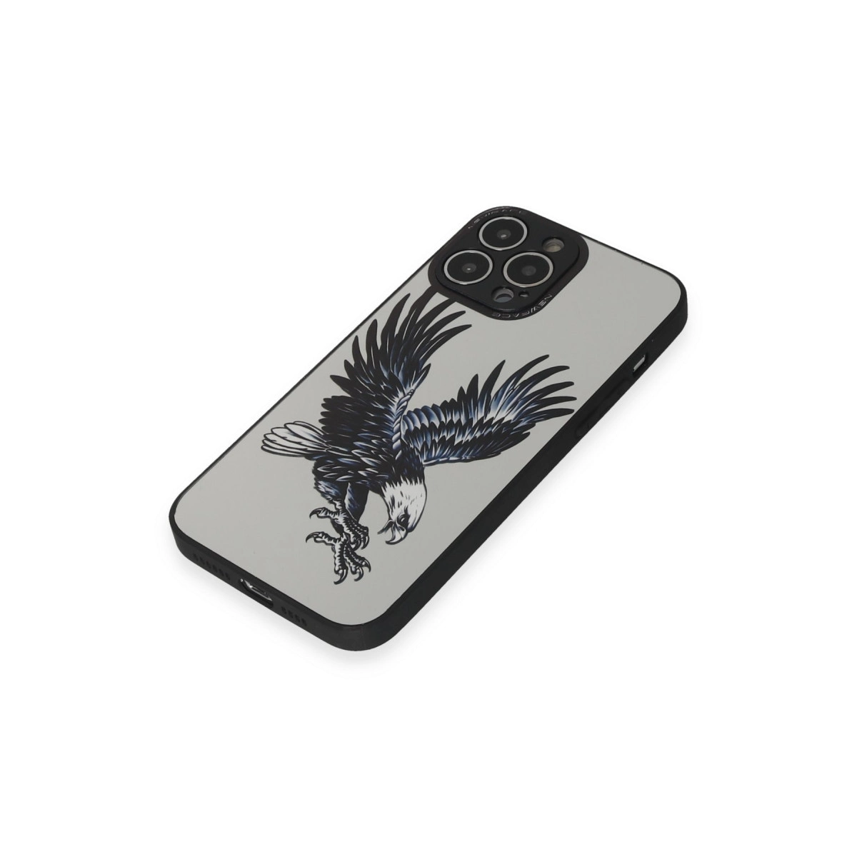 Siyah kartal tasarımlı gri iPhone kılıfı, beyaz arka yüzey.