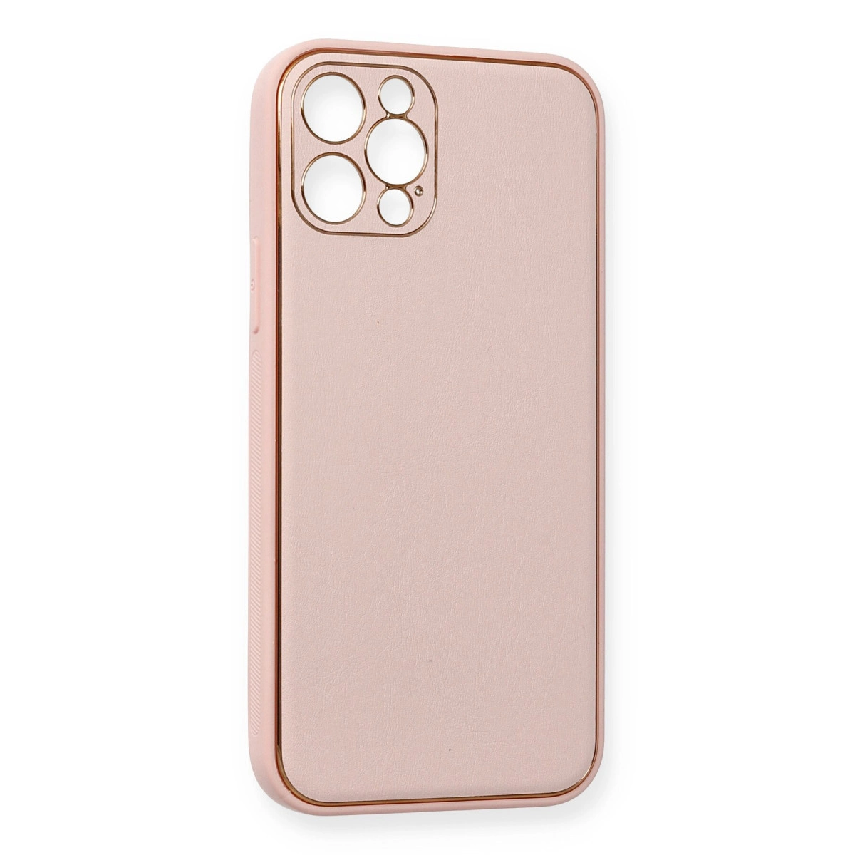 Altın kenarlı ve kamera kesimli açık pembe telefon kılıfı.