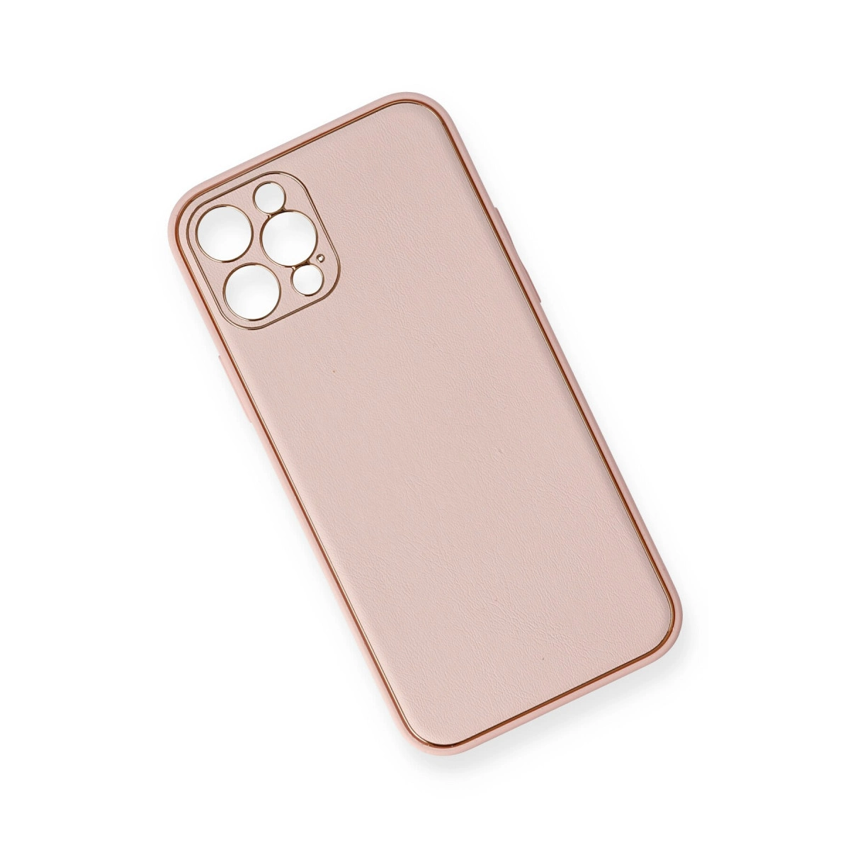 Beyaz arka plan üzerinde kamera kesimli, rose gold telefon kılıfı.