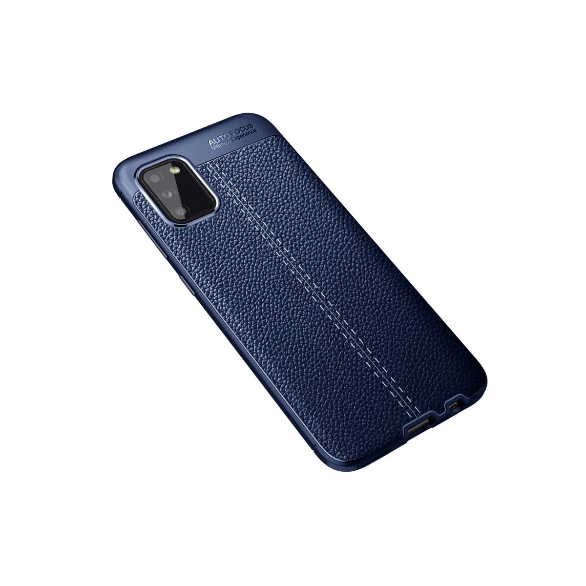 Dikiş detaylı, dokulu yüzeye sahip lacivert telefon kılıfı.