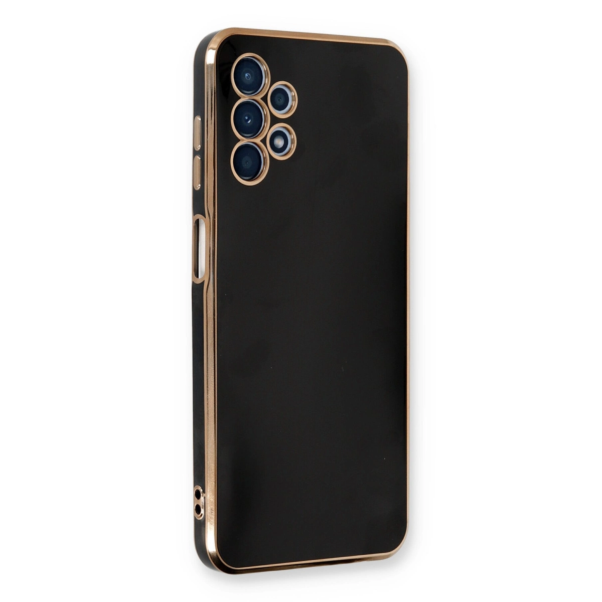Altın çerçeveli ve kamera kesimli siyah telefon kılıfı. Beyaz üzerinde izole edilmiştir.