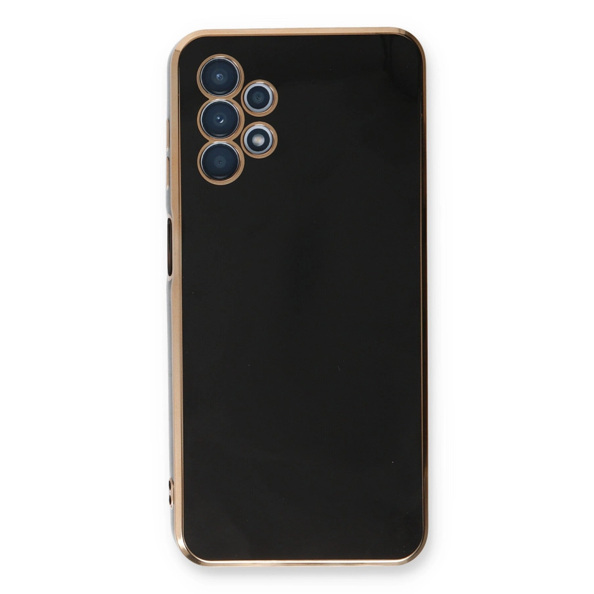 Altın çerçeveli ve kamera kesimli siyah telefon kılıfı.