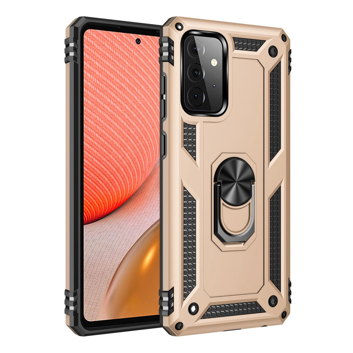 Halka tutuculu ve kamera modüllü altın rengi telefon kılıfı.