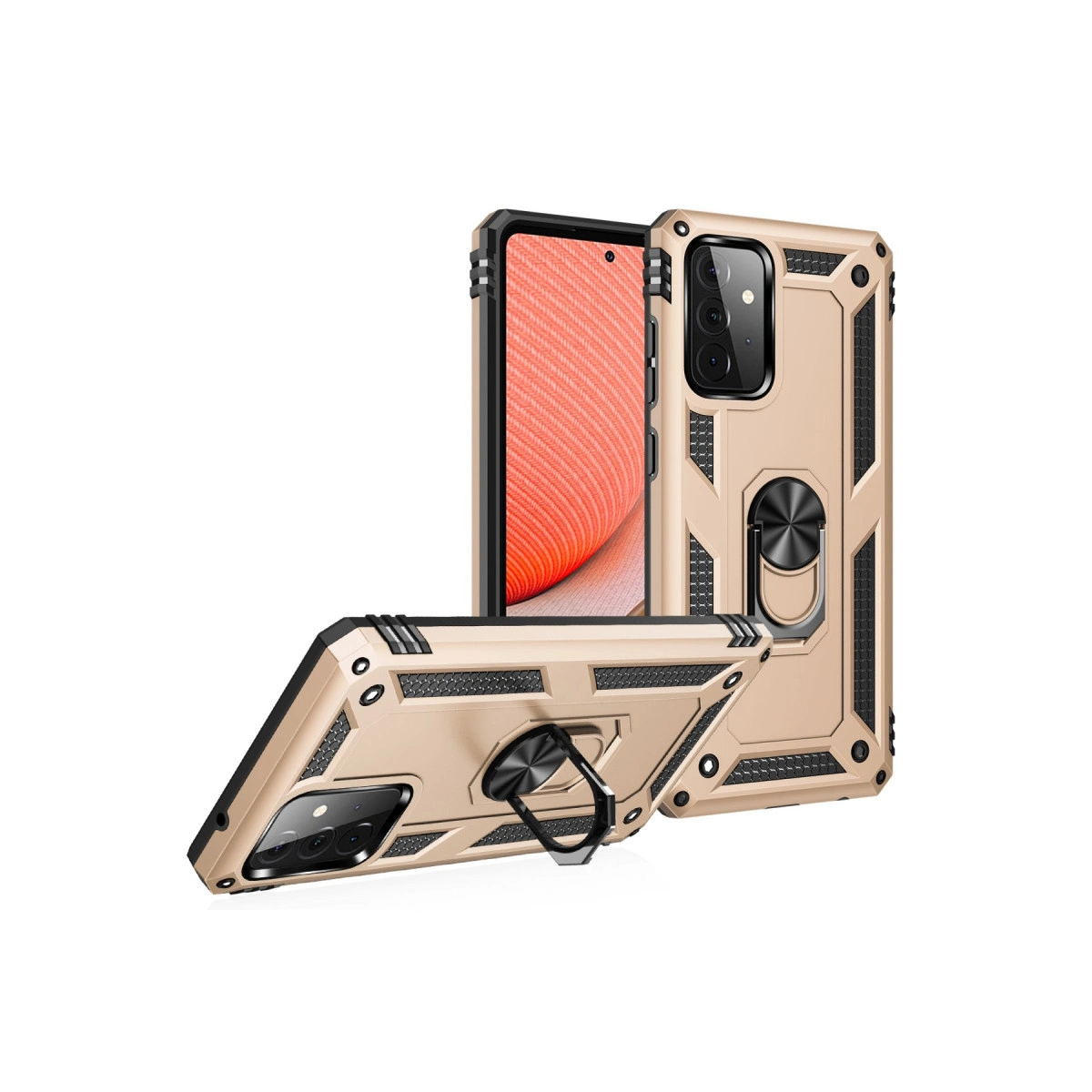 Halka tutuculu ve kamera kesimli altın rengi telefon kılıfı.