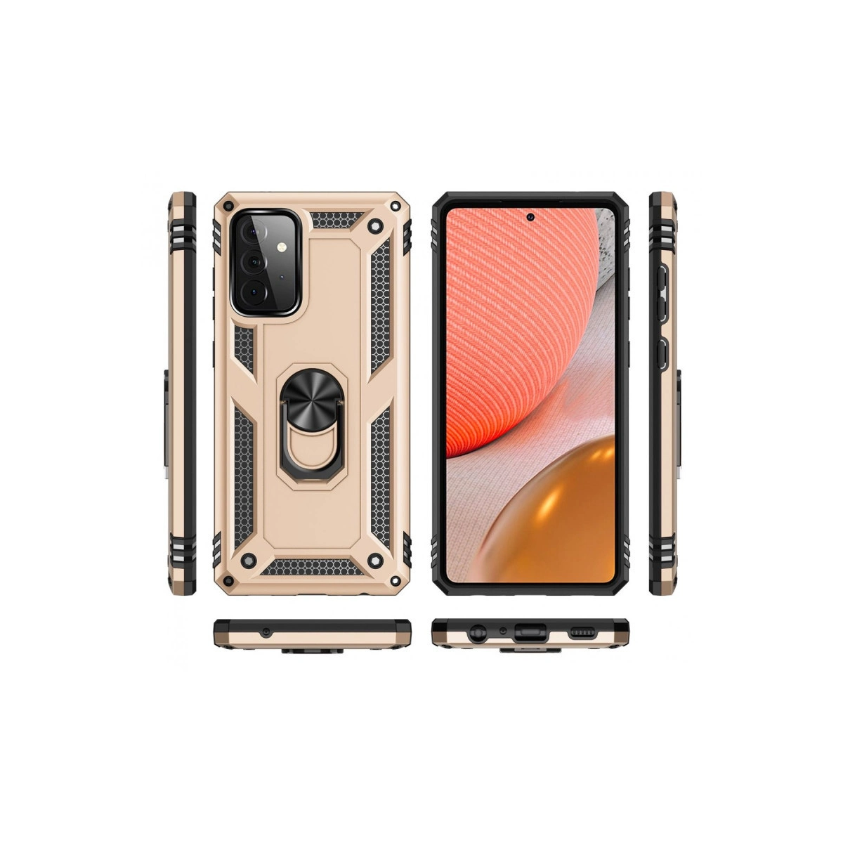 Halka tutuculu ve kamera kesimli altın rengi telefon kılıfı, çoklu görünümler.