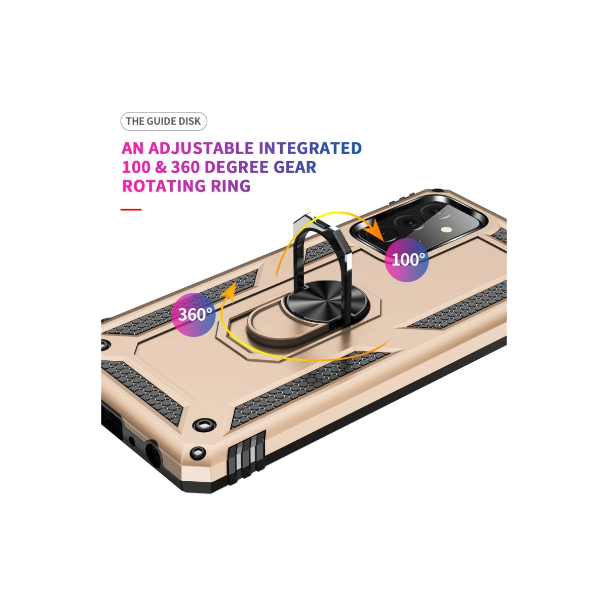 Entegre dönebilen halkalı altın rengi telefon kılıfı, 360° ve 100° ayarlanabilir.