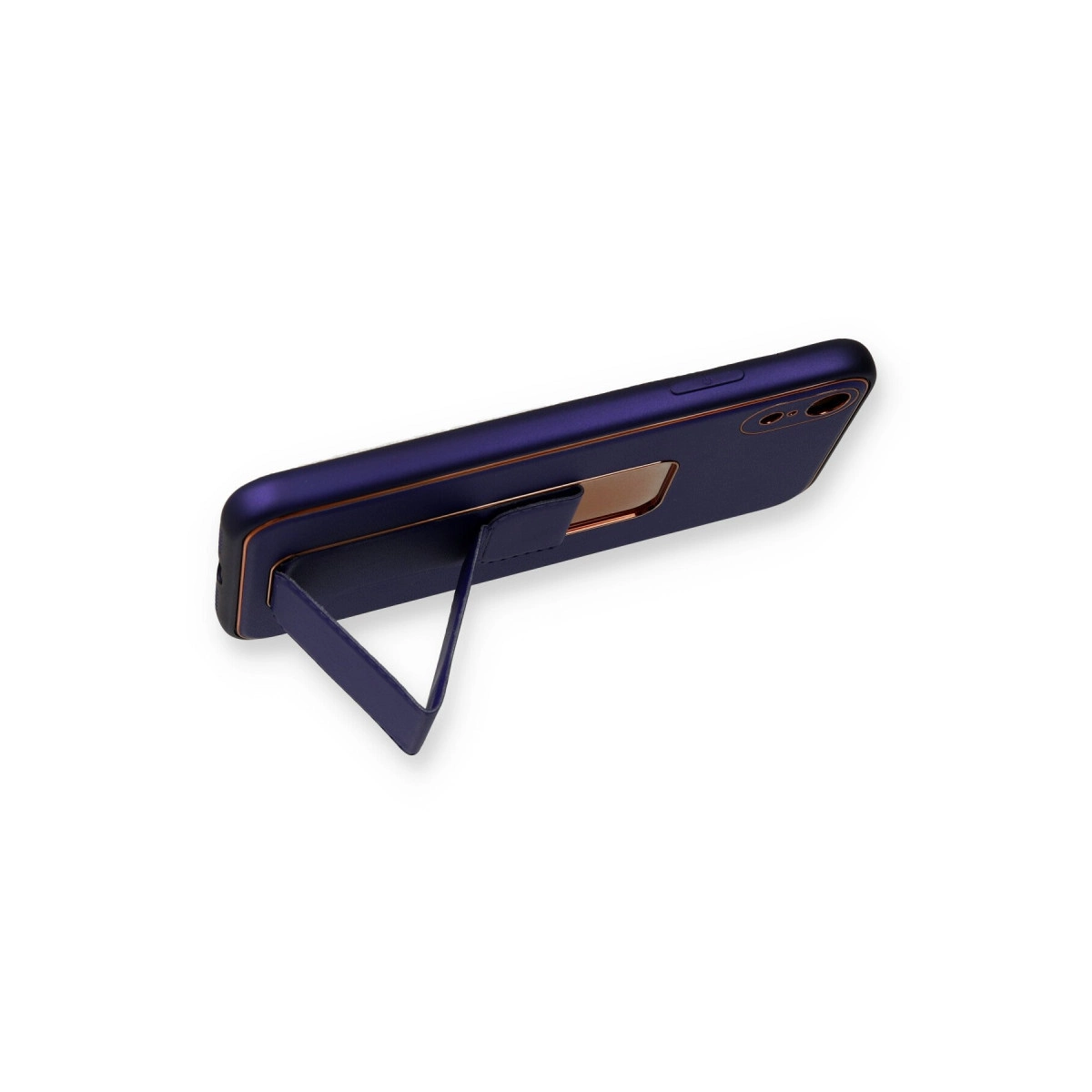 Entegre stantlı lacivert deri telefon kılıfı.