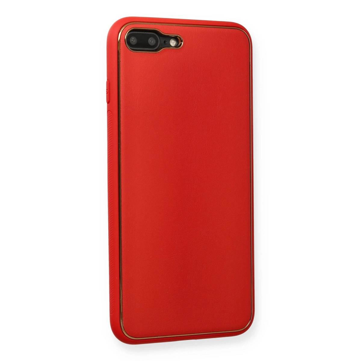 Altın kenarlı ve kamera kesimli kırmızı telefon kılıfı.