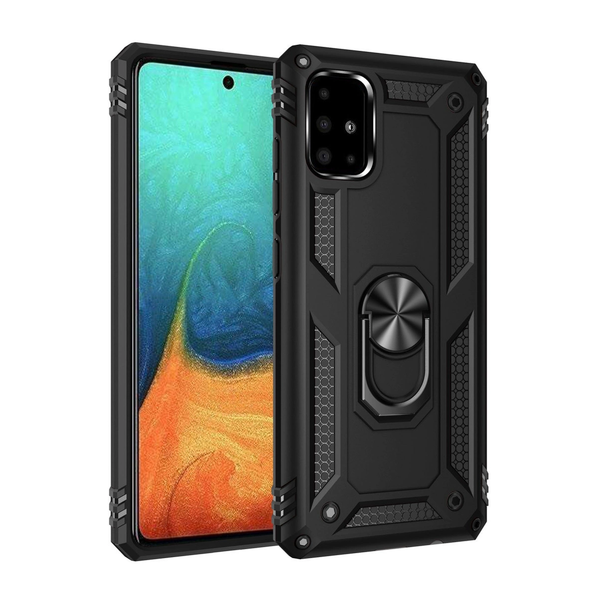 Soyut sanat içeren bir telefon ekranında gümüş halkalı, siyah sağlam telefon kılıfı.
