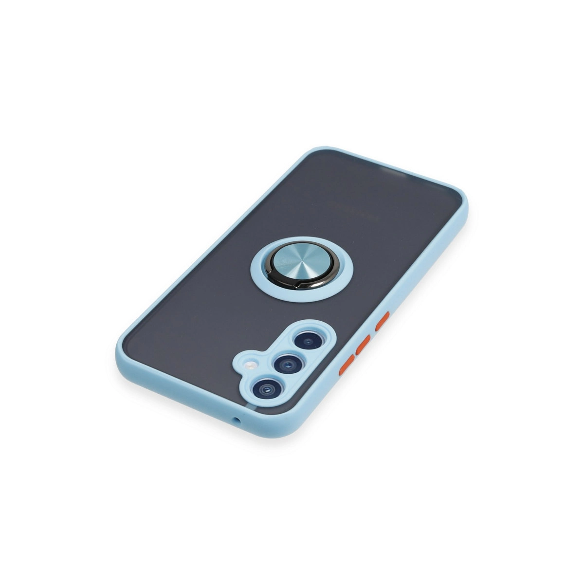 Mavi kenarlı ve halka tutuculu koyu gri telefon kılıfı.