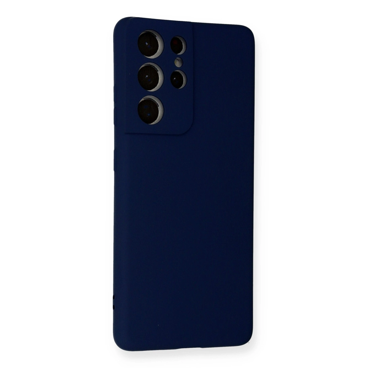 Sol üstte dört kamera lensli lacivert telefon kılıfı.