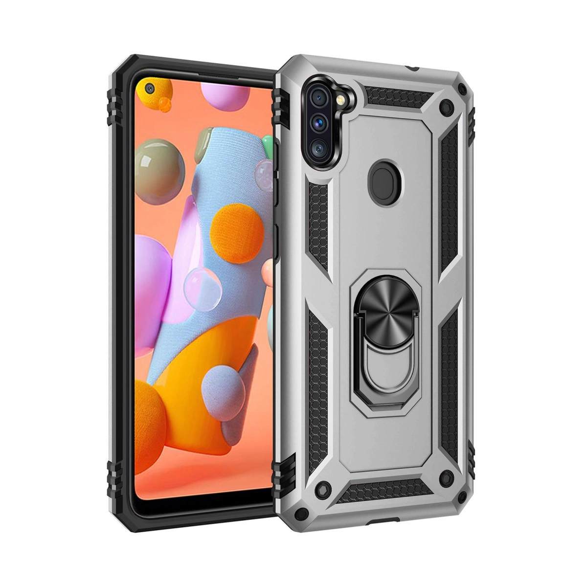 Halka tutuculu ve kamera kesimli gümüş renkli koruyucu telefon kılıfı.