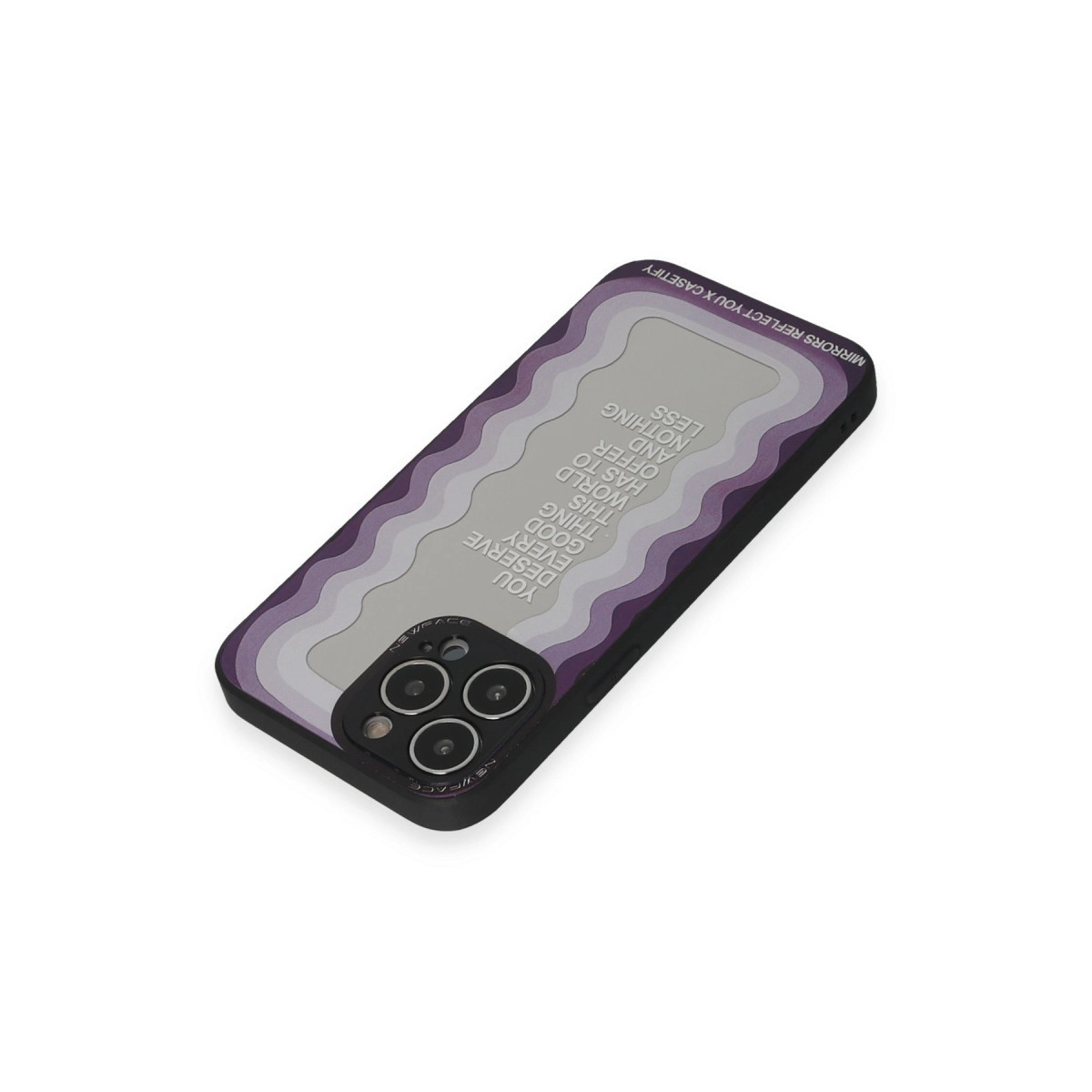 Mor ve gri dalgalı metinli telefon kılıfı.