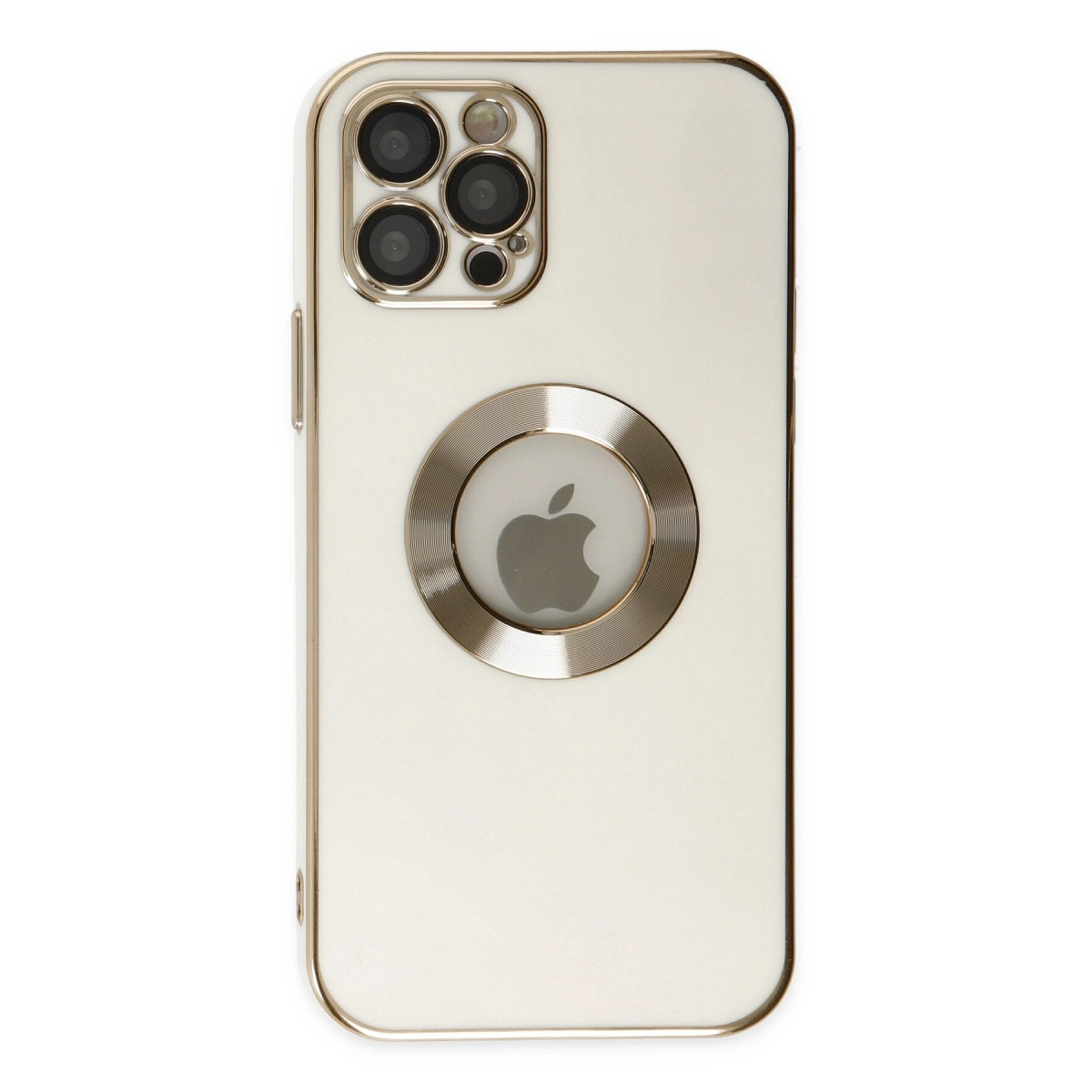 Apple logosu ve kamera dizisi bulunan beyaz telefon kılıfı.