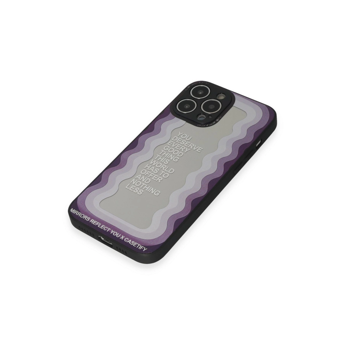Mor ve gri telefon kılıfı, dalgalı desenli ve 'You deserve every good thing' yazılı.