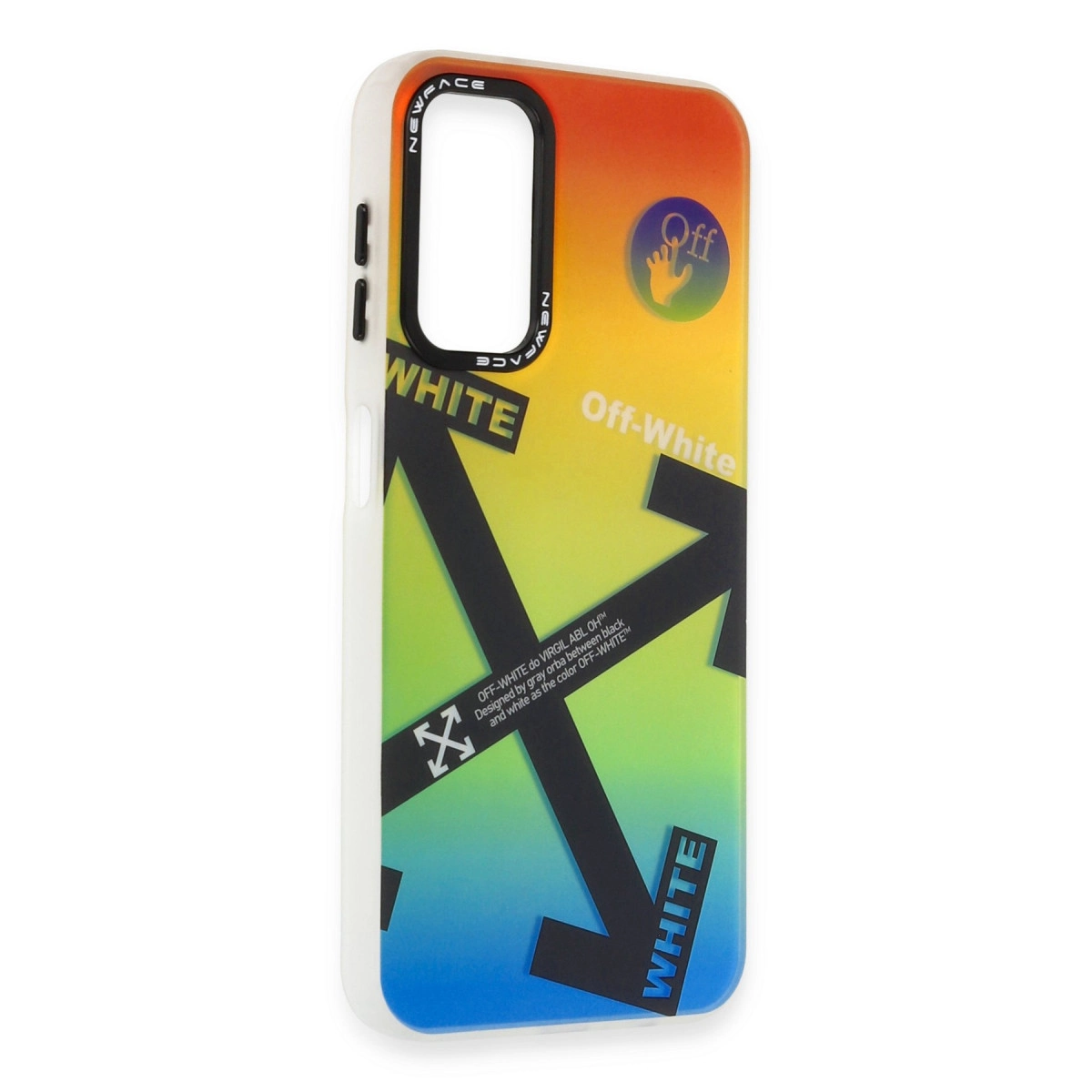 Oklar ve "Off-White" yazili renkli telefon kilifi.