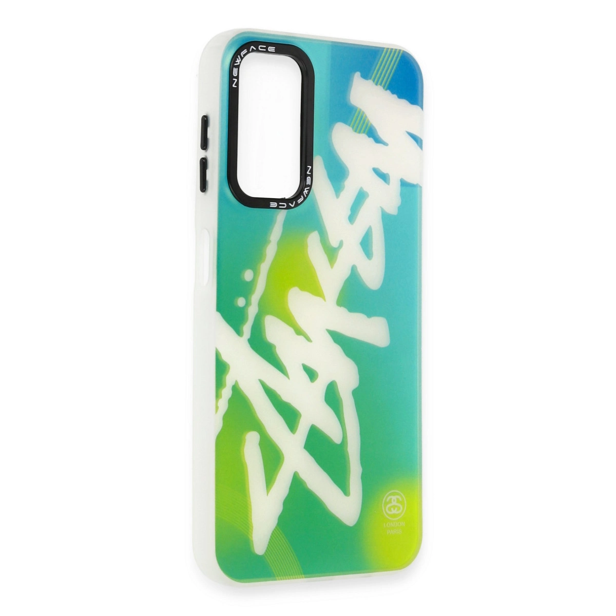 Beyaz telefon kılıfı, mavi-yeşil degrade ve beyaz grafiti tarzı yazı içerir.