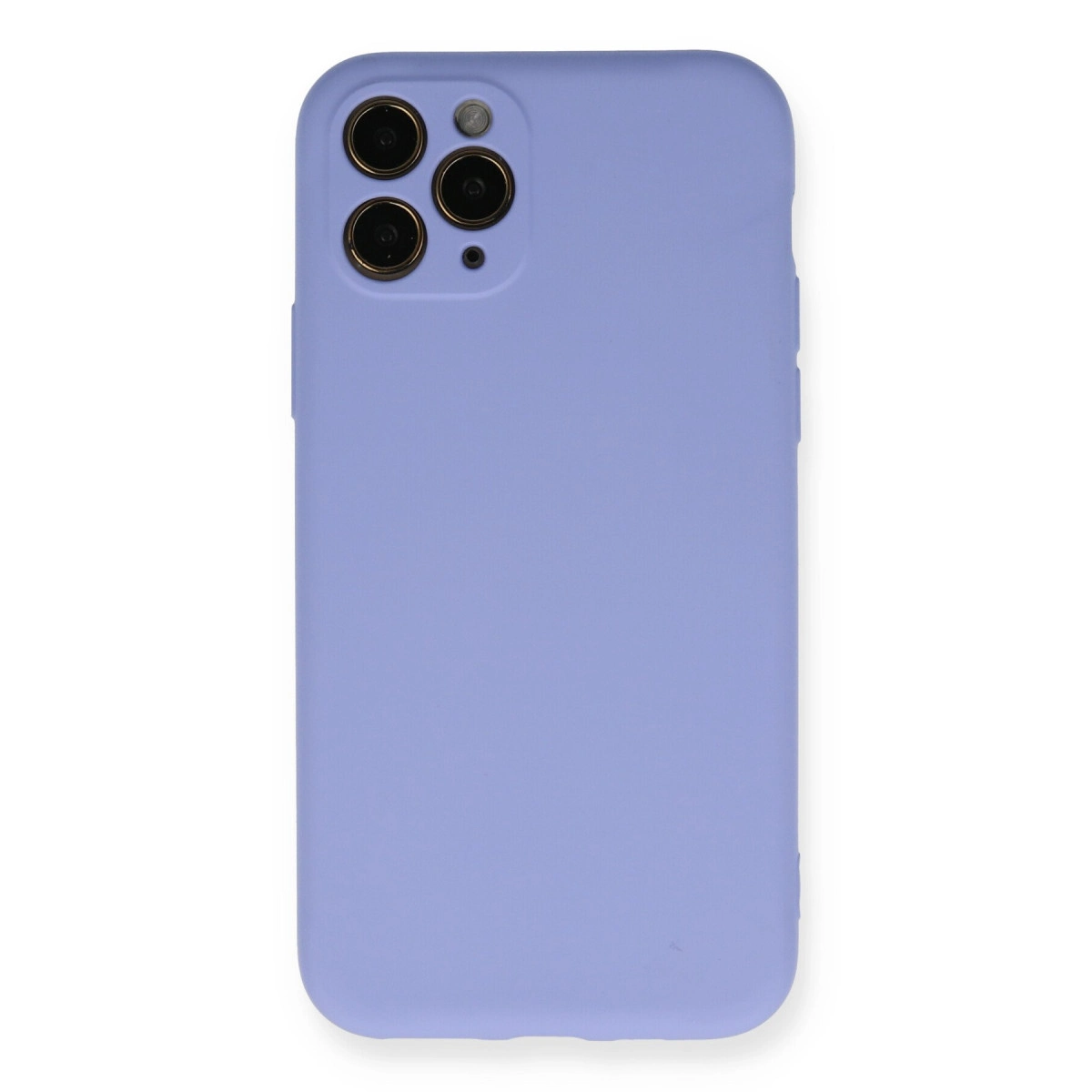 Üç kamera lensi ve flaşlı, lavanta rengi telefon kılıfı.