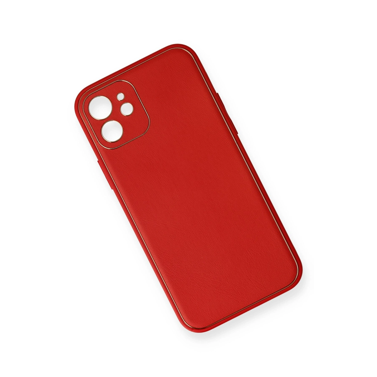 Altın kenarlı kırmızı telefon kılıfı ve kamera modülü açıklığı.