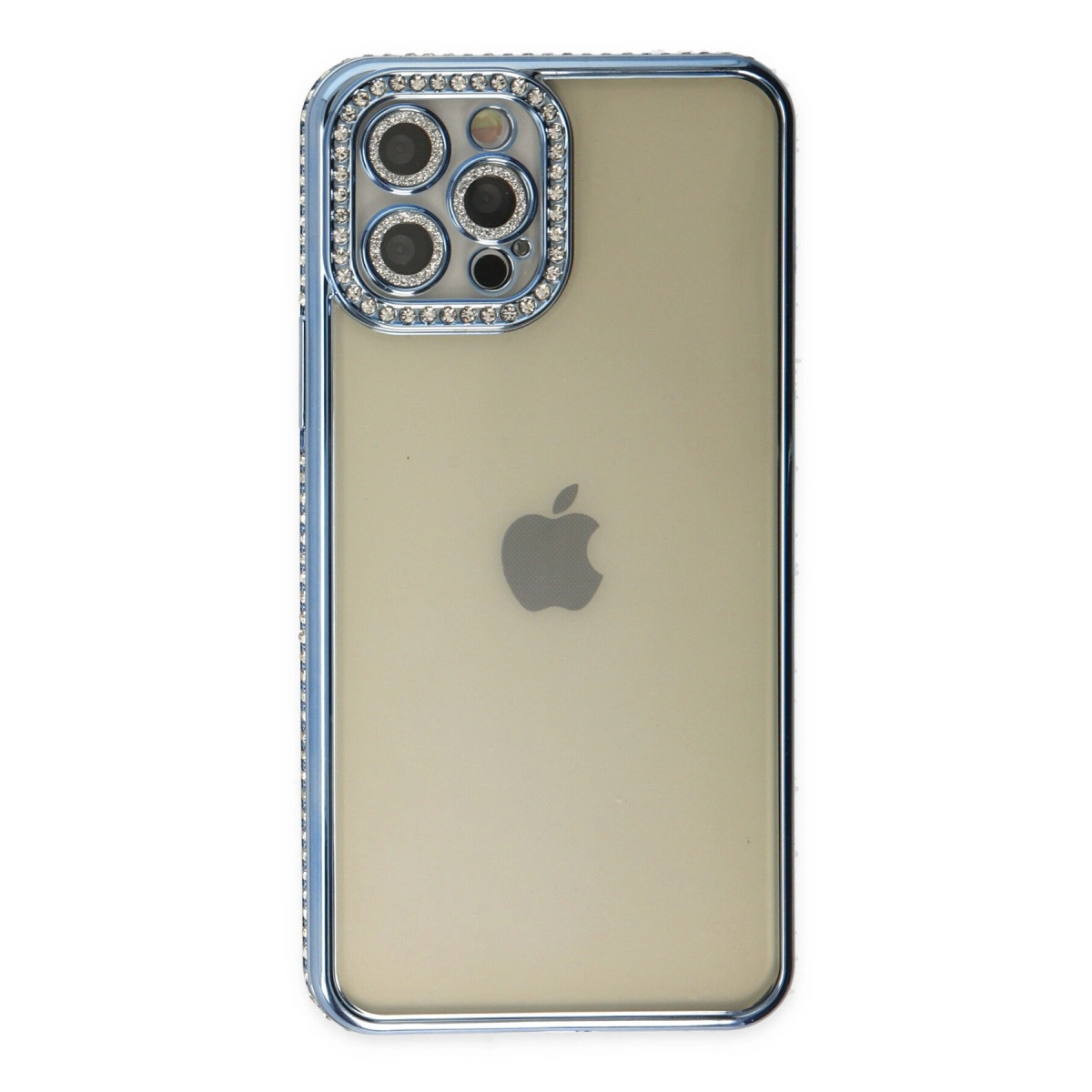 Kristal kenarlı mavi kılıfta, üç kameralı bir iPhone.