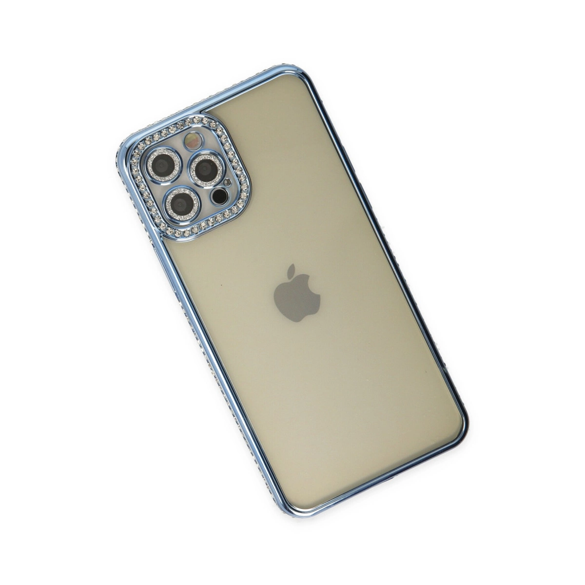 Şeffaf iPhone kılıfı, mavi kenarlı ve kameraların etrafında kristalli.