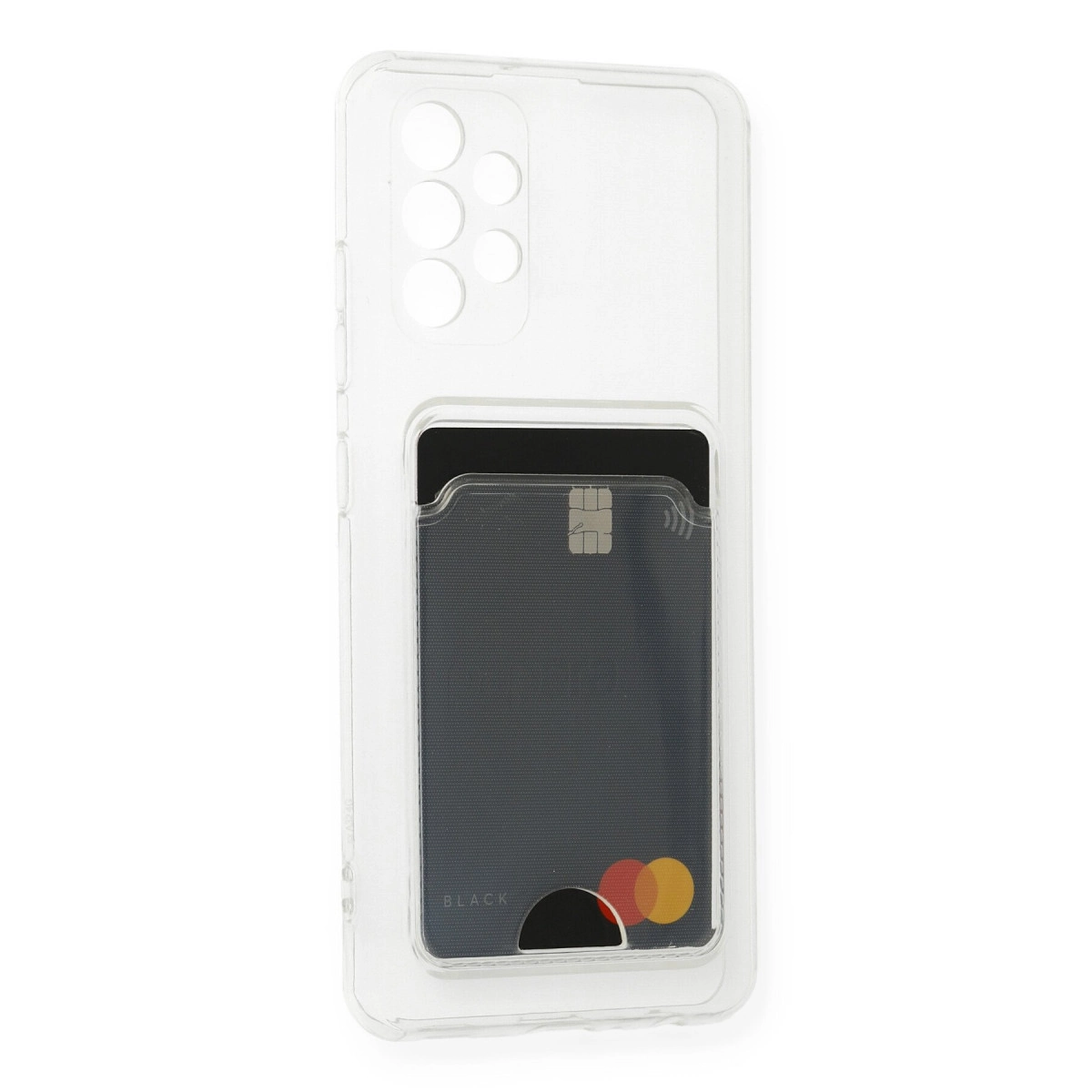 Mastercard logolu siyah kart için kart yuvalı şeffaf telefon kılıfı.