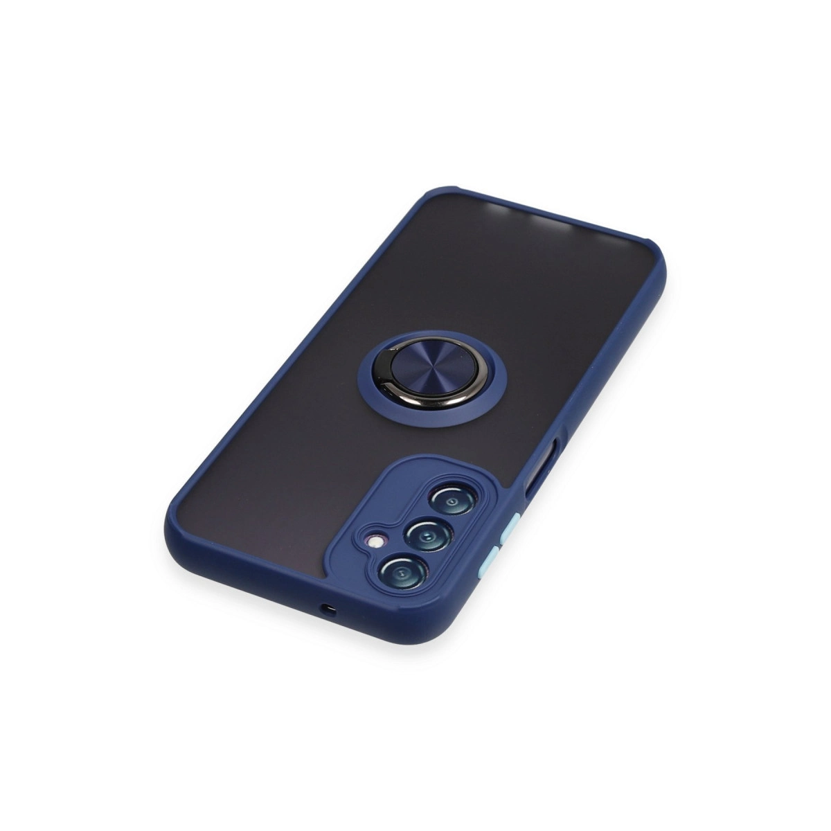 Beyaz arka plan üzerinde halka tutuculu ve kamera kesimli koyu mavi telefon kılıfı.