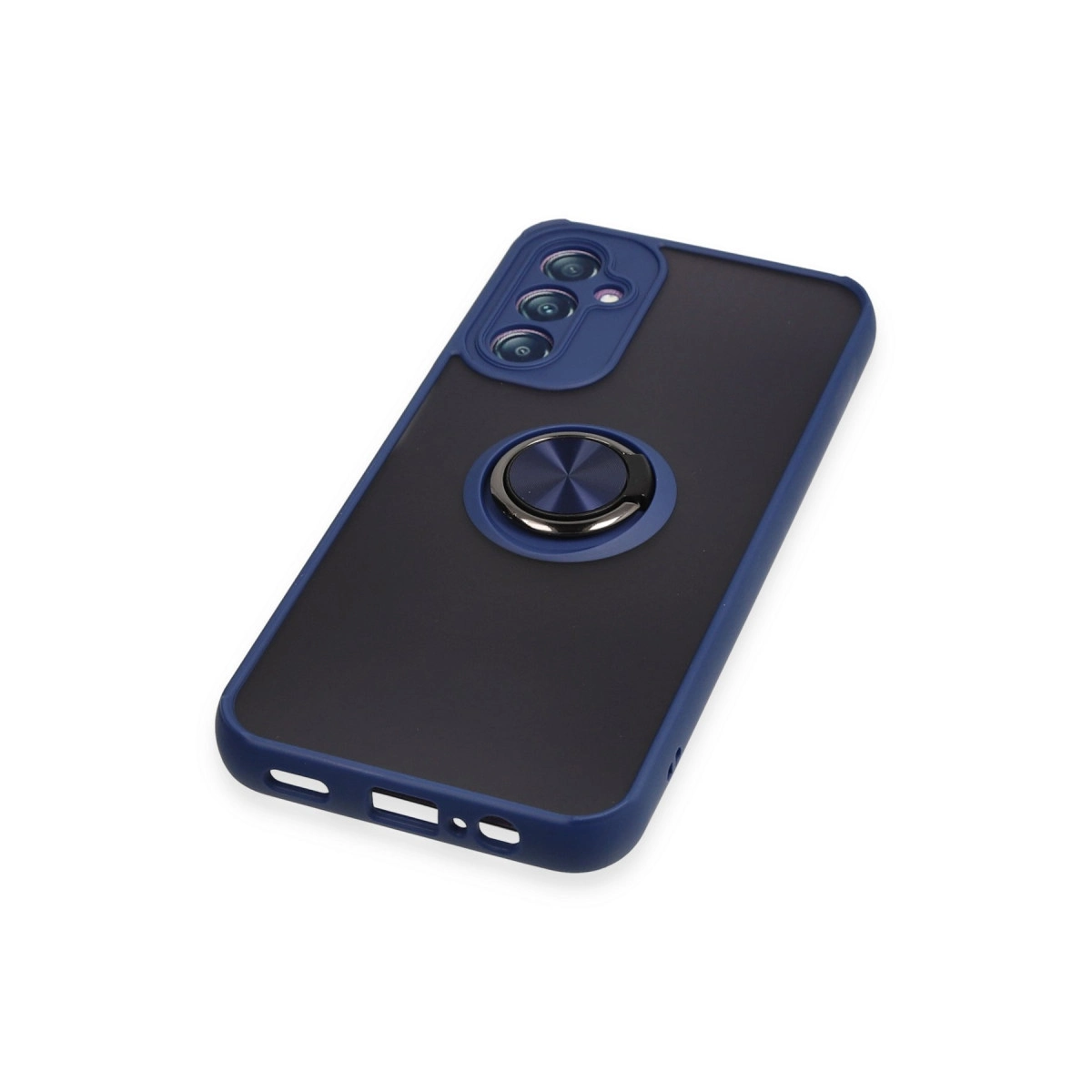 Siyah arka ve halka tutuculu koyu mavi telefon kılıfı.