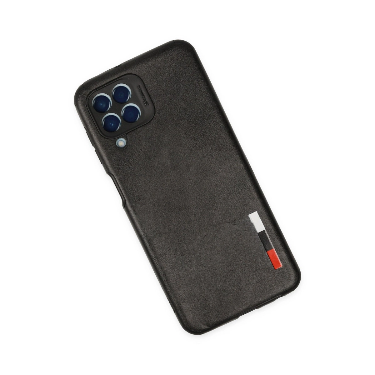 Dört kameralı siyah telefon kılıfı, kırmızı, beyaz ve siyah şeritli.