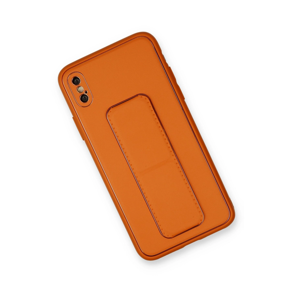 Entegre tutma yeri ve iki arka kamerası olan turuncu telefon kılıfı.