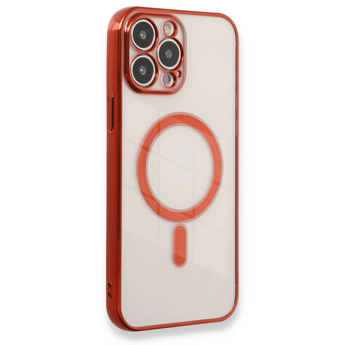 Şeffaf arka ve kamera kesimli kırmızı iPhone kılıfı.
