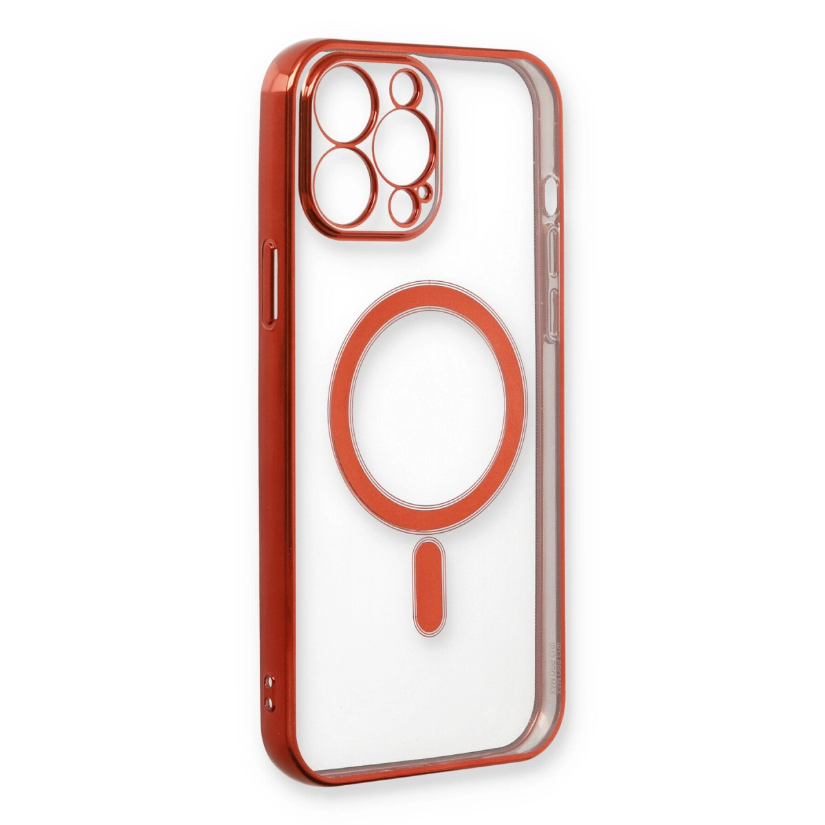 Kamera modülü ve manyetik halkalı kırmızı iPhone kılıfı.