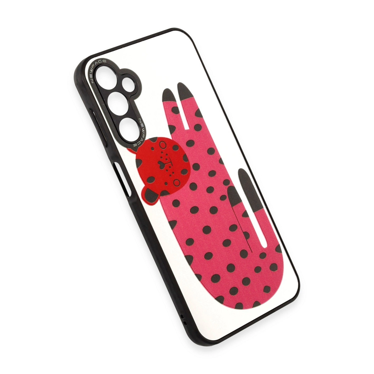 Siyah puantiyeli pembe uğur böceği tasarımlı telefon kılıfı.