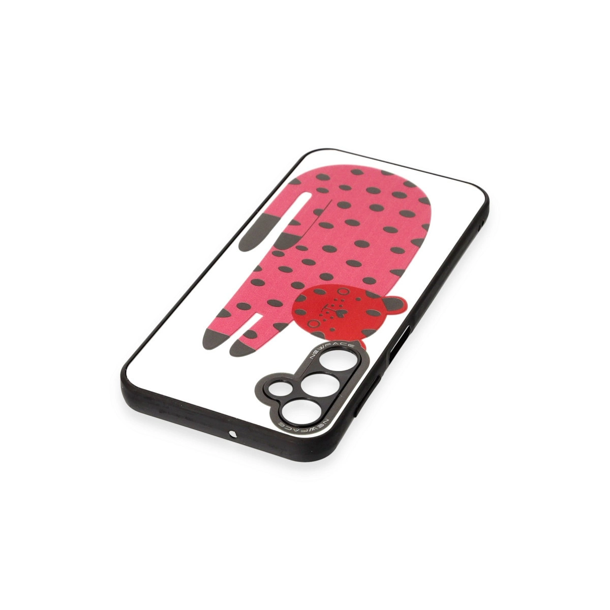 Siyah puantiyeli pembe telefon kılıfı ve kırmızı daire tasarımı.