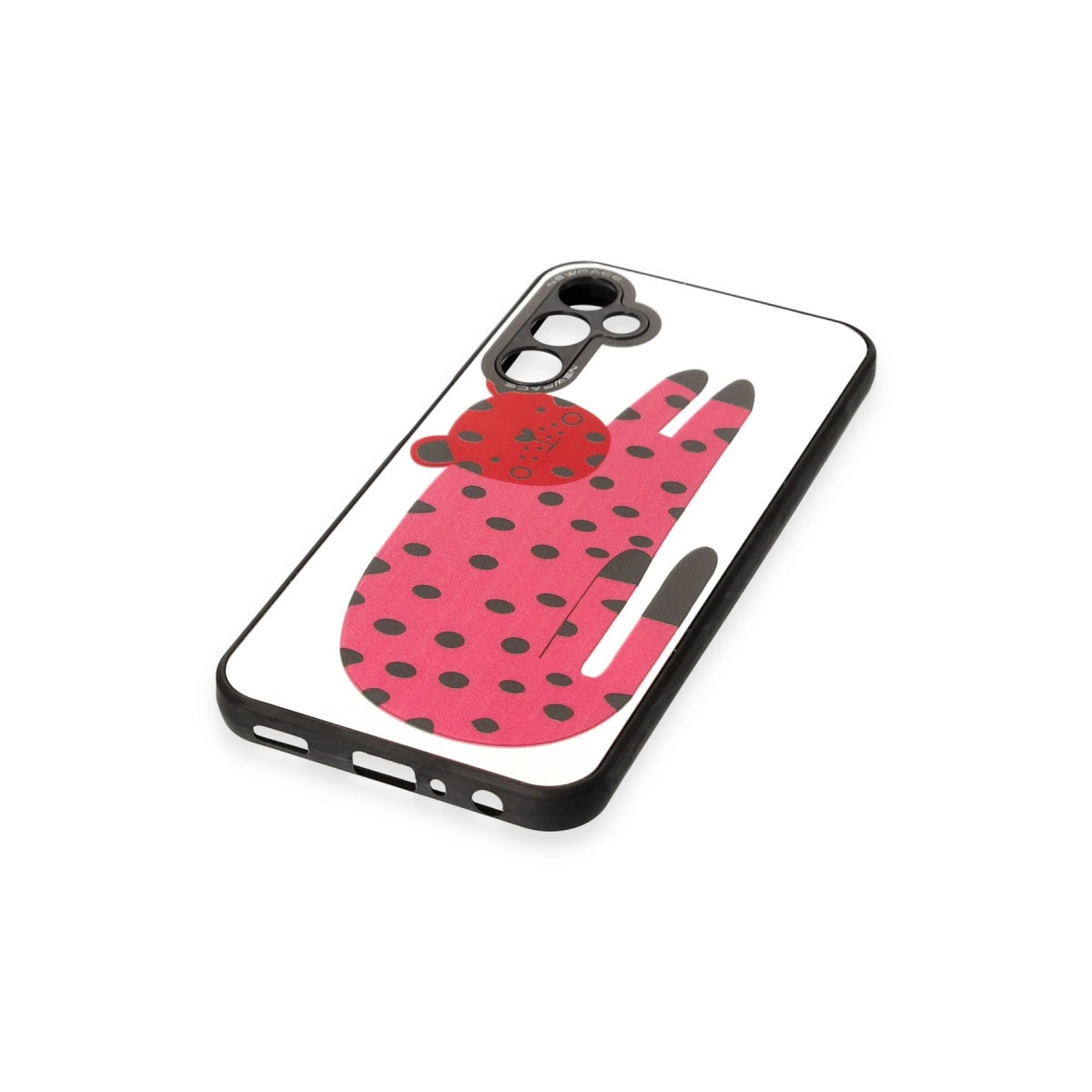 Siyah puantiyeli pembe telefon kılıfı, kırmızı kedi başı desenli.